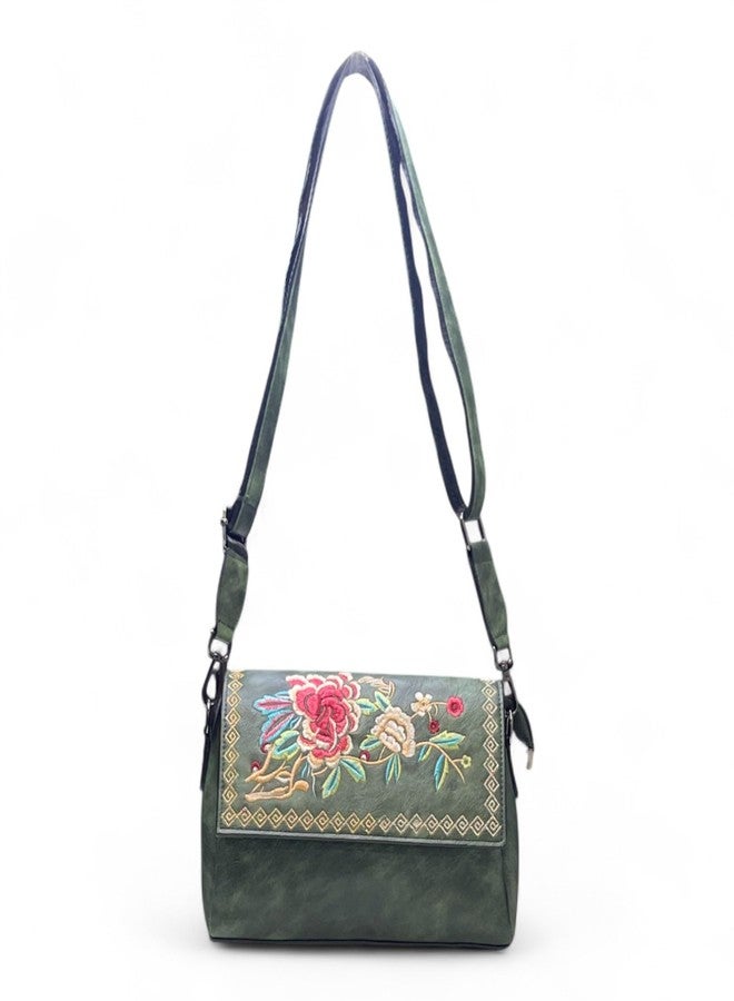 Dazzle Women's Vintage Floral Embroidered Crossbody Bag, Faux Leather, Multiple Compartments, Adjustable Strap, Boho Style (GREEN) - Image 3